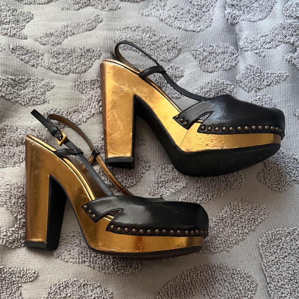 Prada Black and Gold Platform Slingback Heels